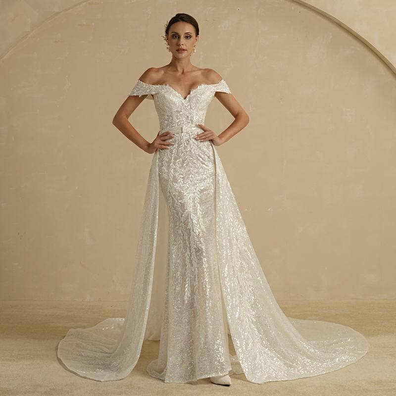 BEPEITHY Ivory Sequins Mermaid Wedding Dresses 2022 For Women 2 In 1 Detachable Train Lace Bridal Gown Beach Vestido Novia Poročna obleka s snemljivo vlečko Alexia