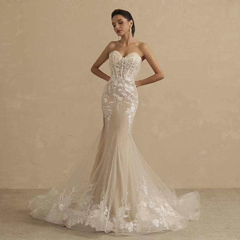 BEPEITHY Sweetheart Champagne Mermaid Wedding Dress For Women Ivory Lace Sleeveless Trumpet Vintage Bride 2022 Bridal Gown New Poročna obleka s srčastim deklotejem