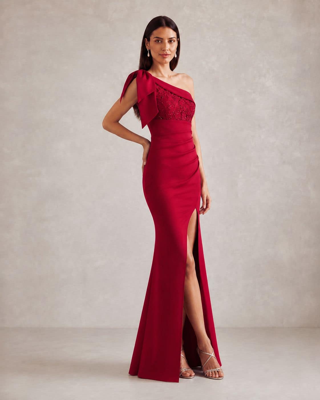 Valentina One-Shoulder Lace Evening Gown red (3)