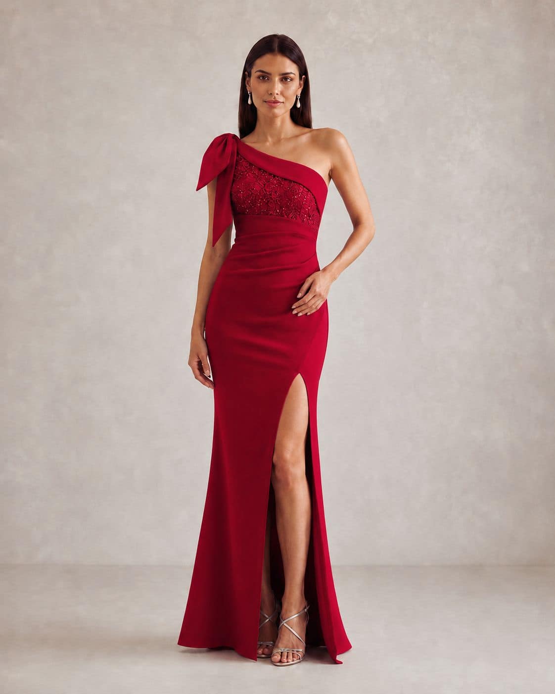 Valentina One-Shoulder Lace Evening Gown red
